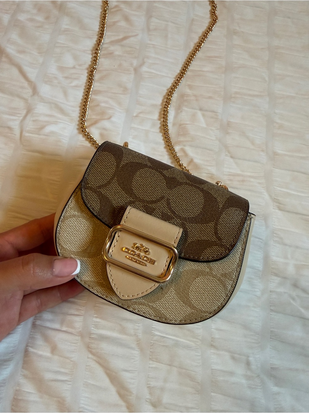 Coach Two-Tone Signature Mini Saddle Crossbody in Brown and Cream